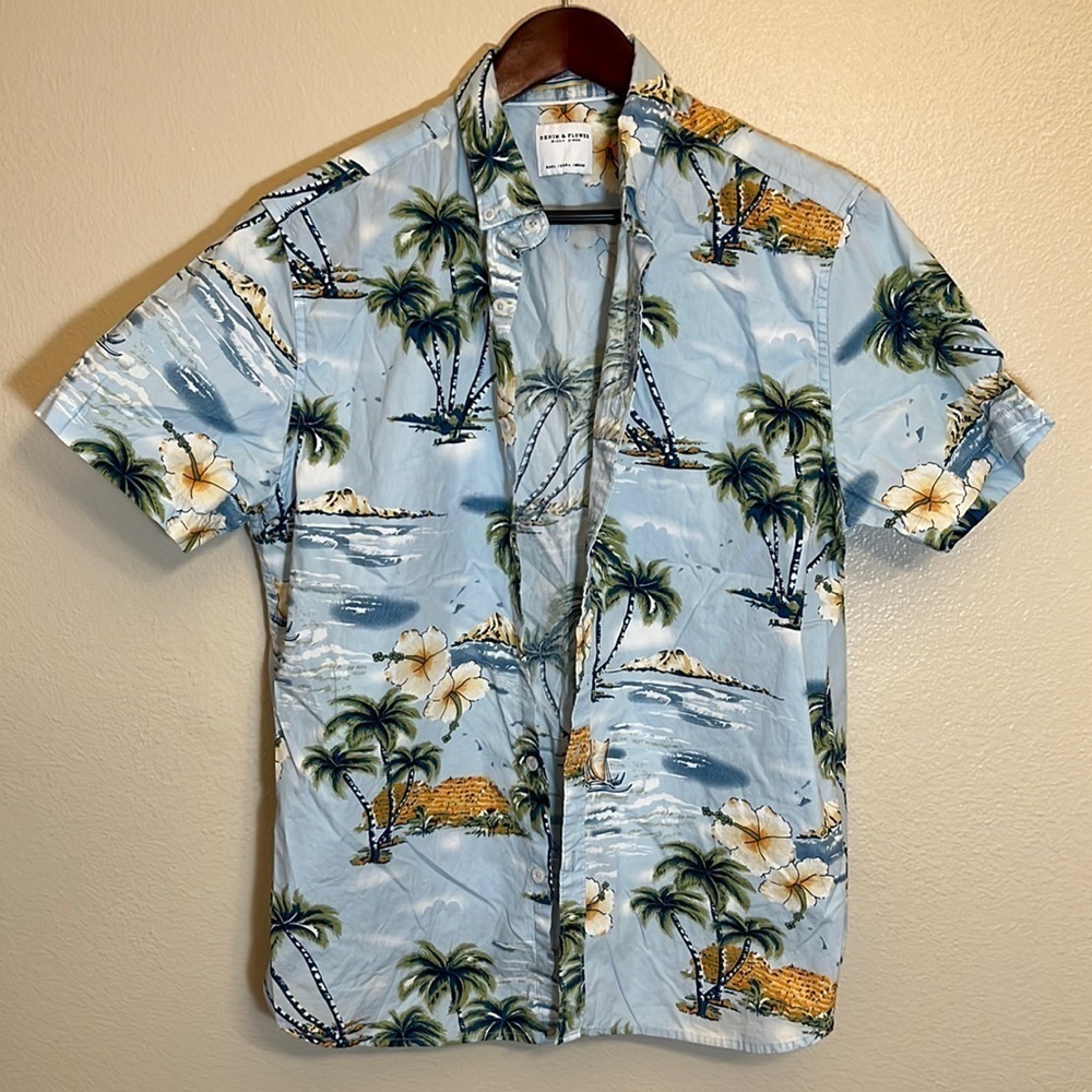 Denim & Flower Light Blue Tropical Palm Print Button-Down Shirt